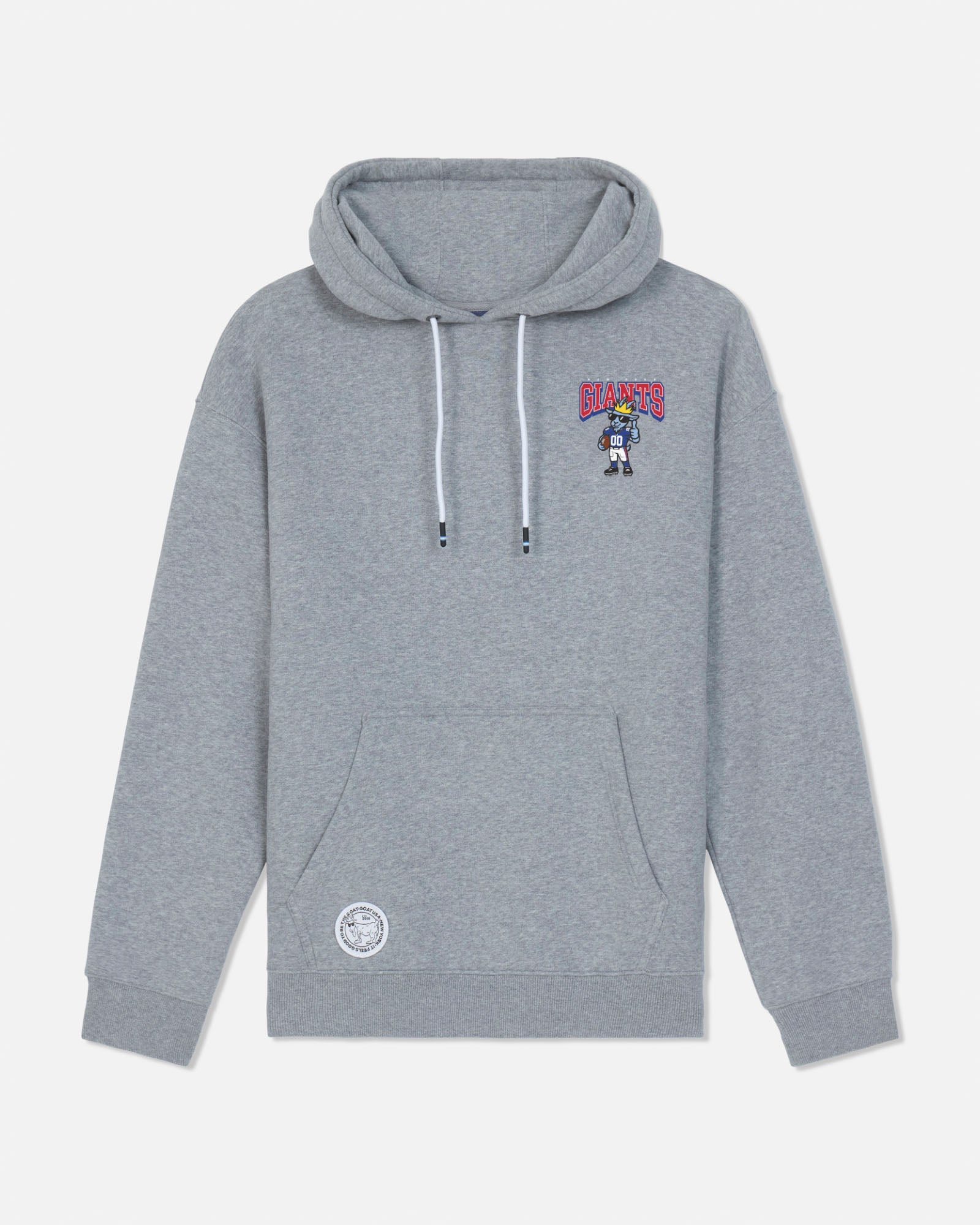 A heather gray pullover hoodie with white drawstrings, featuring a small colorful graphic on the left chest and a circular white logo near the lower left front pocket, displayed against a light gray background.