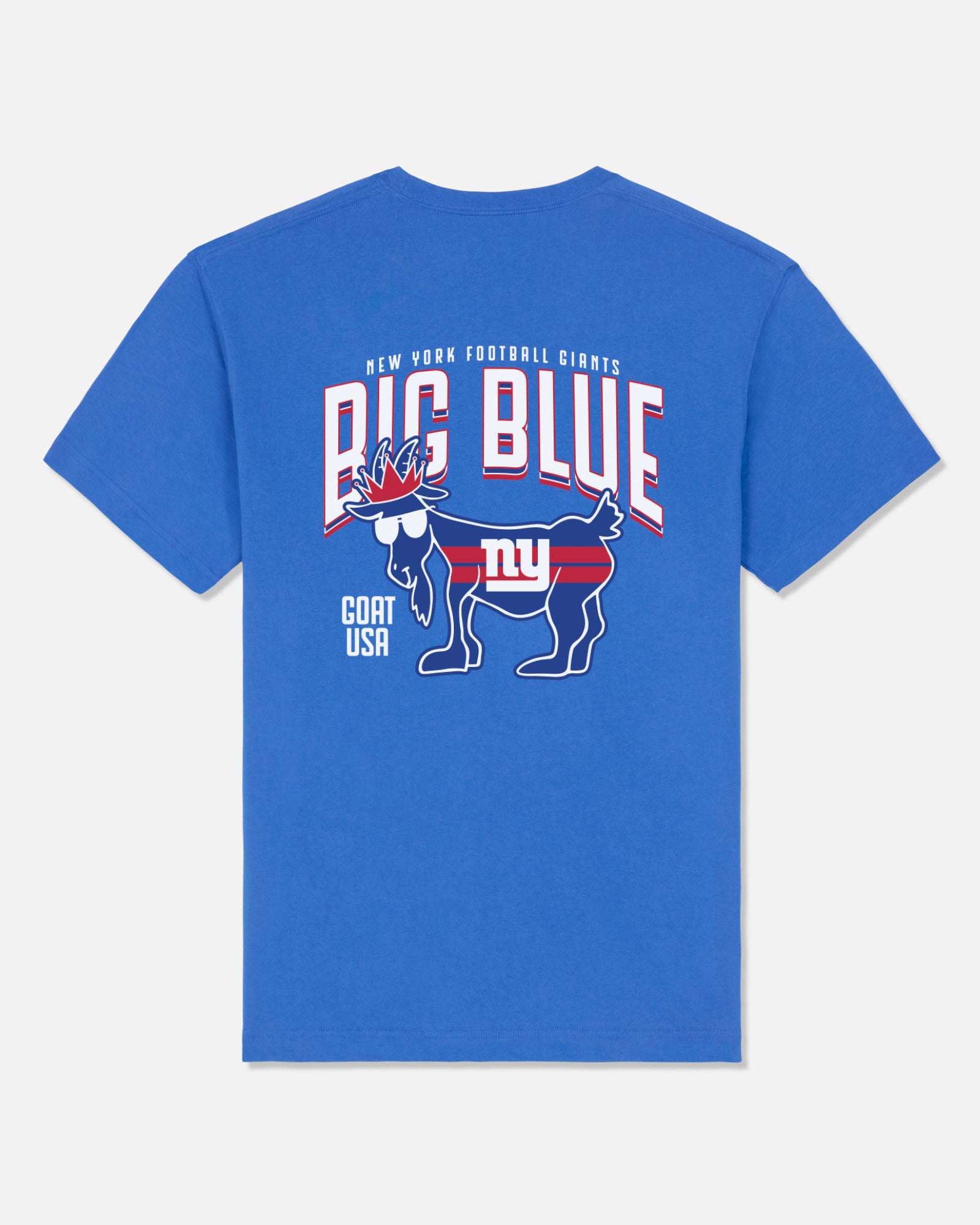 A royal blue short-sleeve t-shirt shown from the back, featuring a large graphic print of the New York Giants 'Big Blue' logo with a stylized goat and 'GOAT USA' text, on a light gray background.