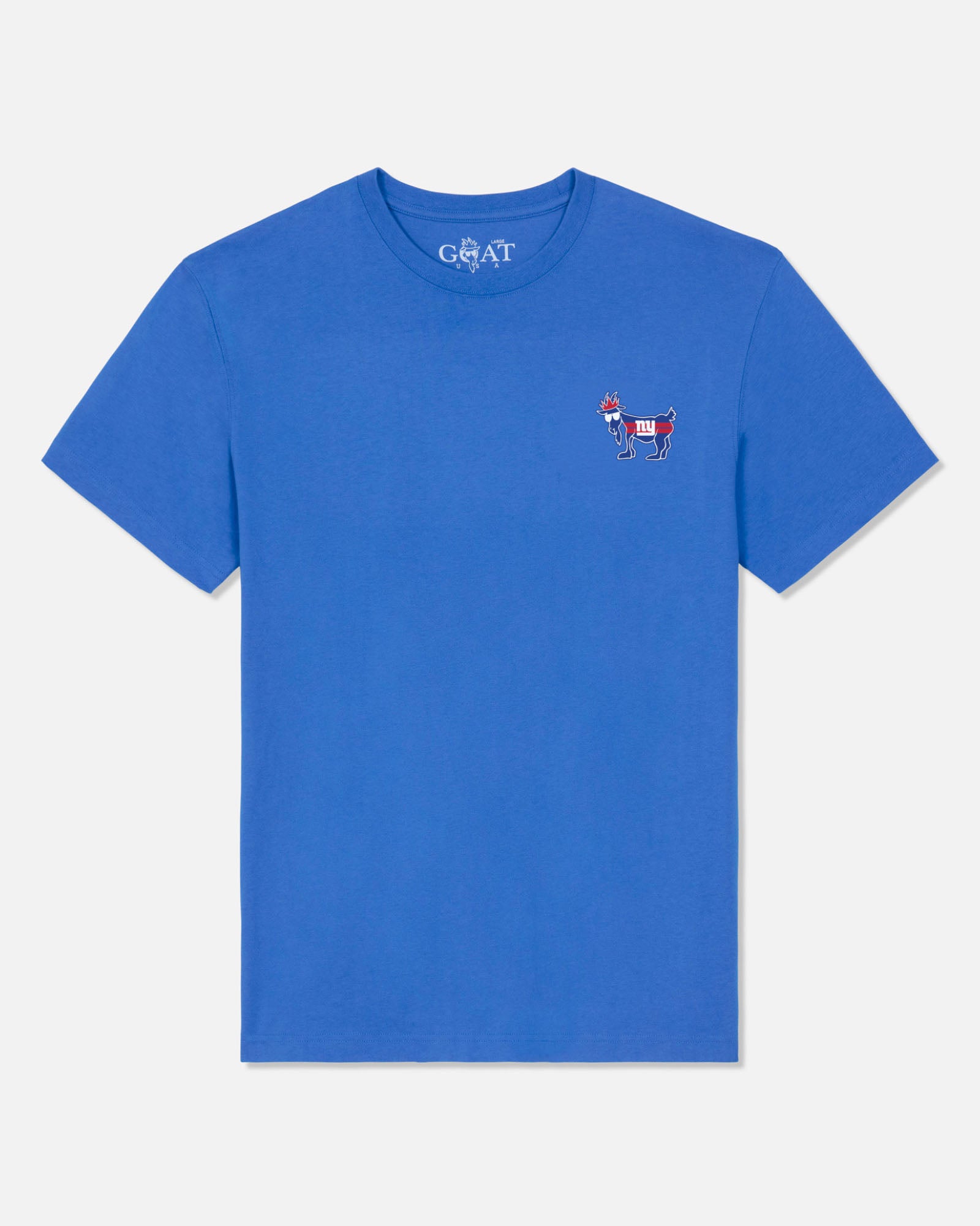 A royal blue short-sleeve crewneck t-shirt by GOAT USA, featuring a small embroidered goat logo on the left chest with red, white, and blue details.