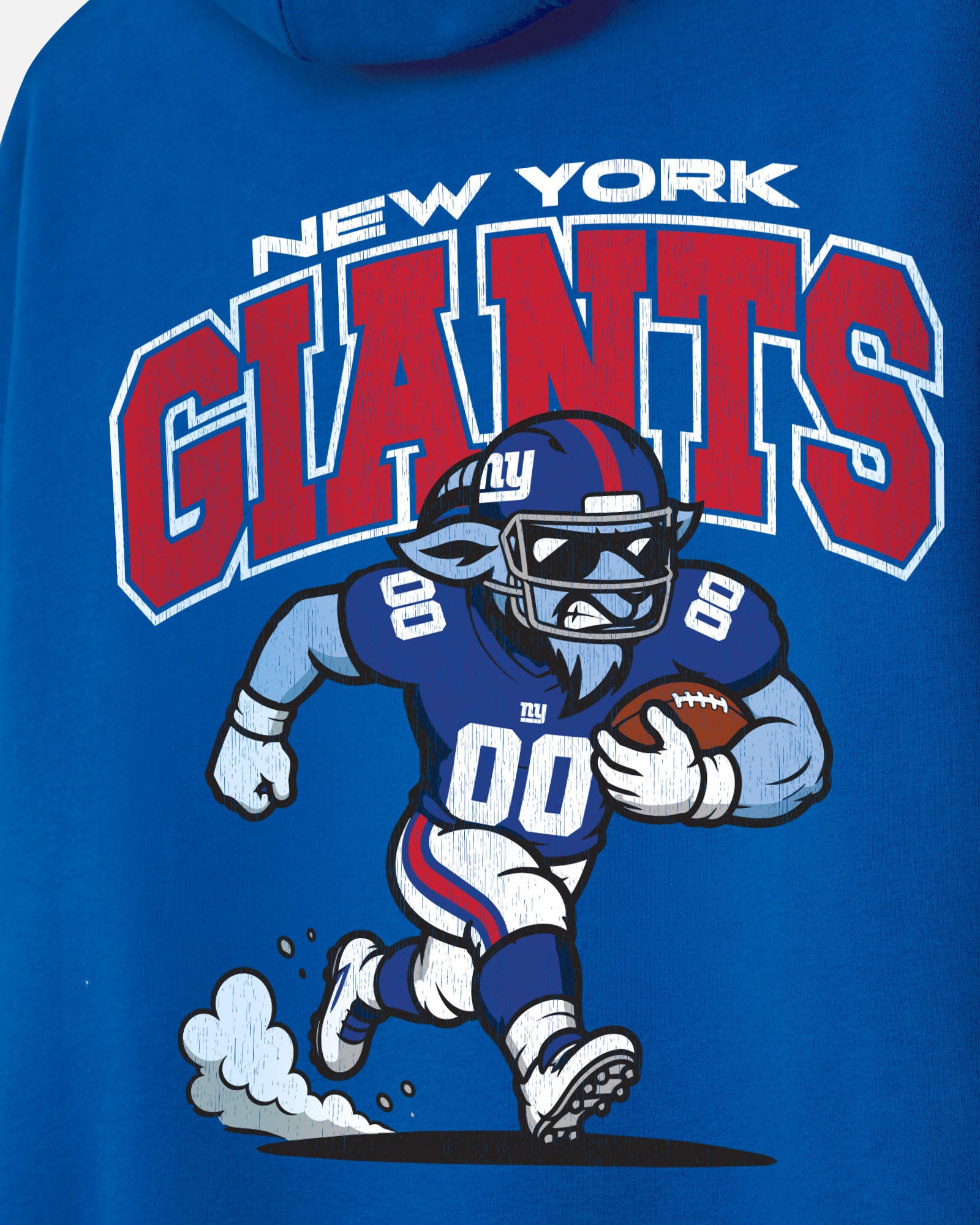 A close-up of a royal blue hoodie featuring a cartoon graphic of a New York Giants football player running, with the text 'NEW YORK GIANTS' in large red and white letters above.