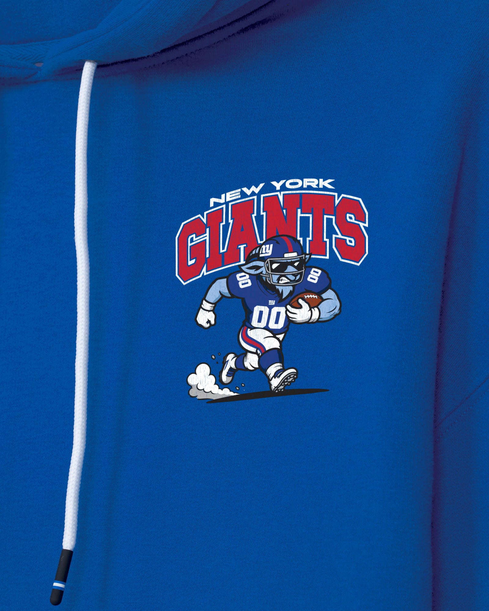Close-up of a royal blue hoodie featuring a cartoon graphic of a New York Giants football player with the text 'NEW YORK GIANTS' above him, plus a white drawstring.