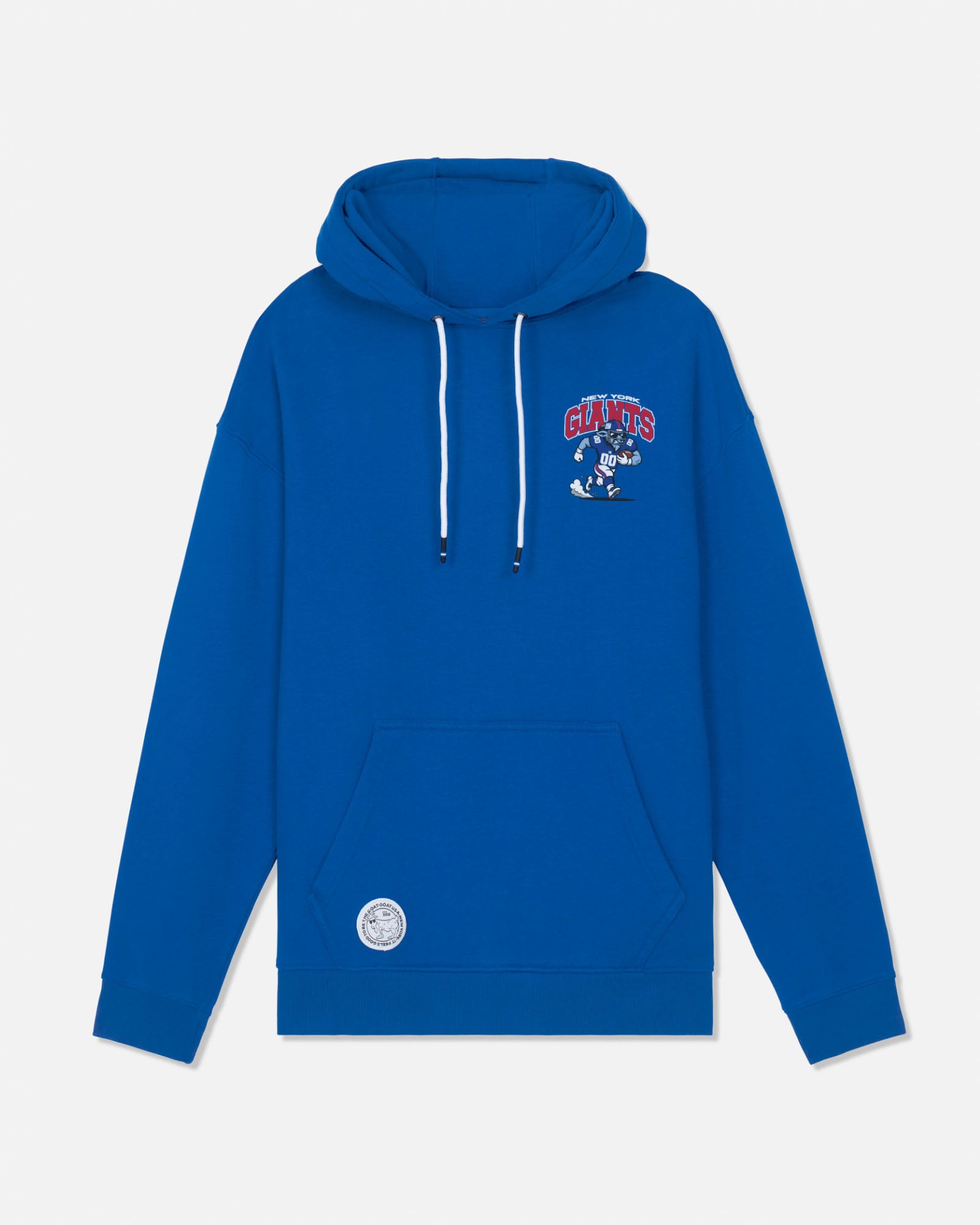 A royal blue pullover hoodie with white drawstrings, featuring a red and blue 'GIANTS' graphic on the left chest and a circular white patch near the bottom pocket, displayed on a light gray background.