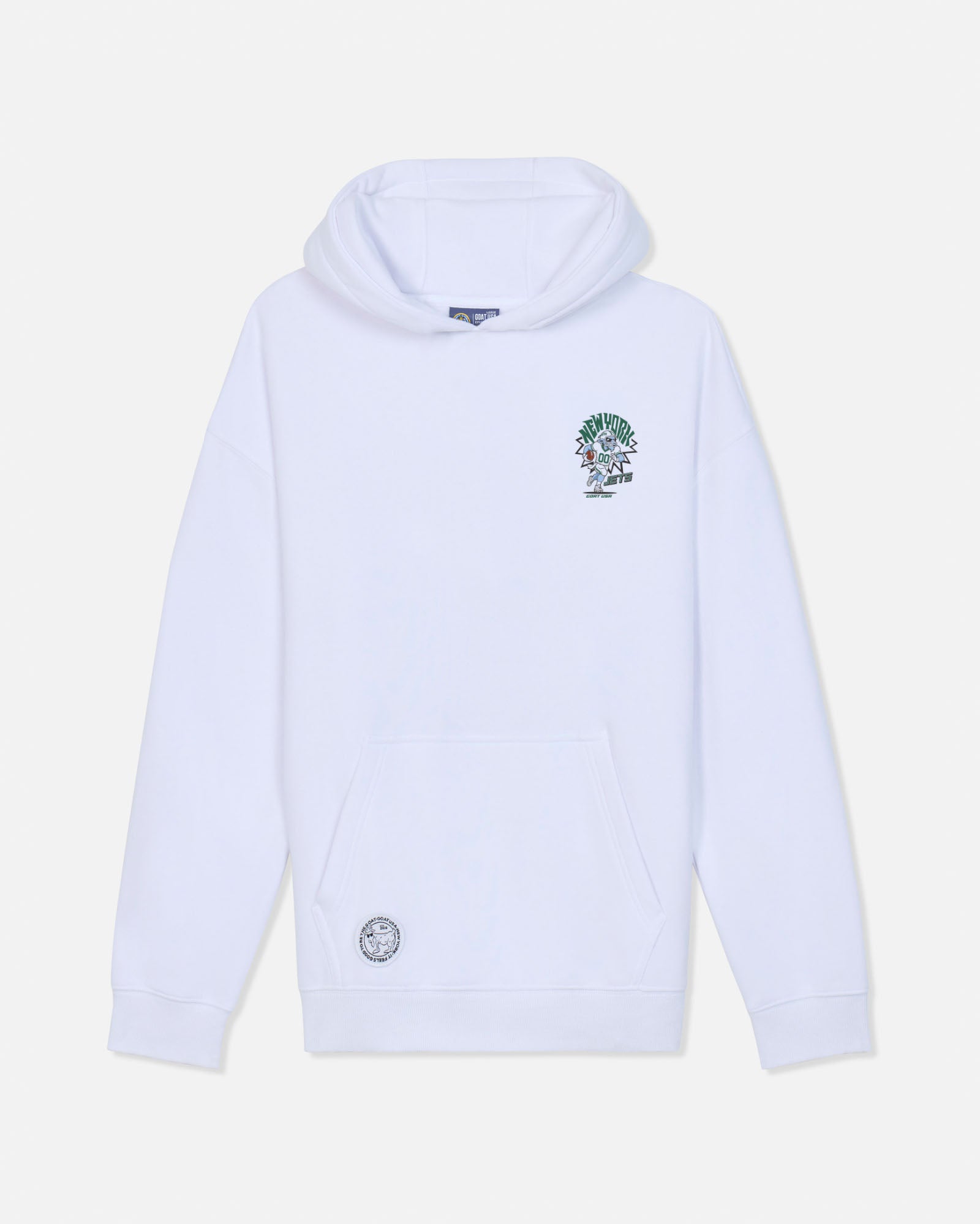 A white pullover hoodie with a small printed cartoon character on the left chest and a circular patch on the lower left front pocket, shown against a light gray background.