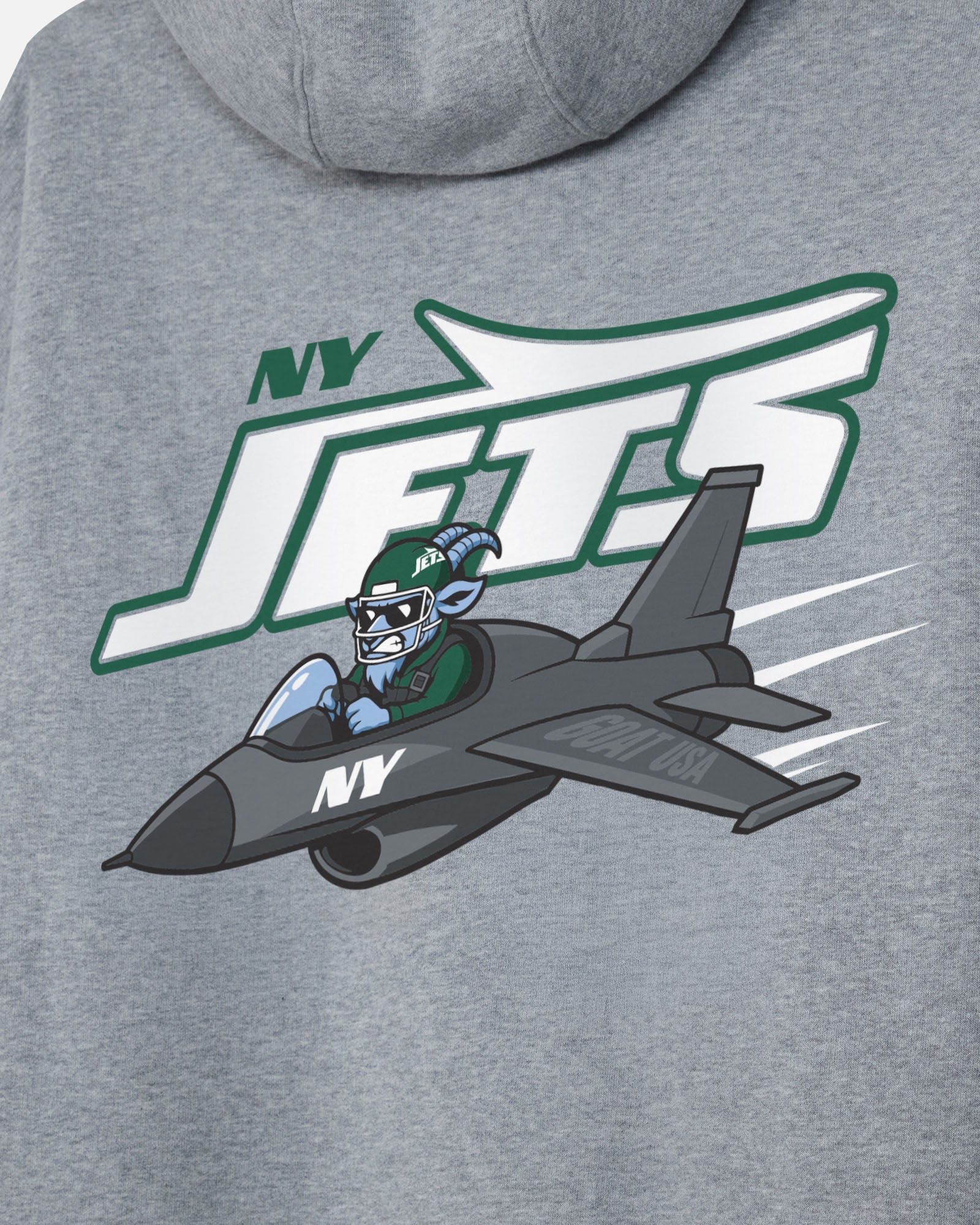 A gray sweatshirt with a blue goat wearing a football helmet flying a fighter jet and text that reads "NY Jets GOAT USA"