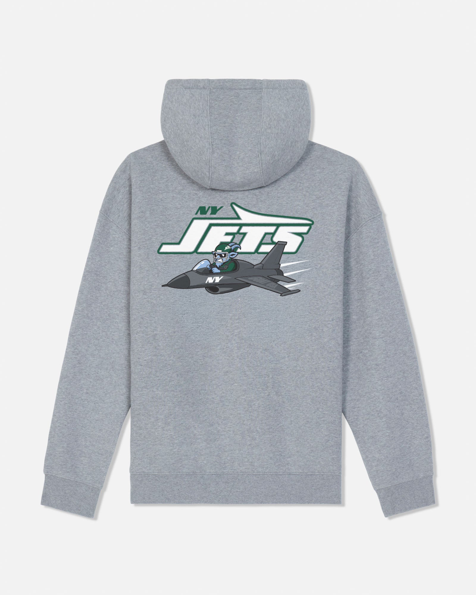 A heather gray pullover hoodie shown from the back, featuring a large graphic print of a fighter jet and the text 'NY JETS' in green, white, and gray.