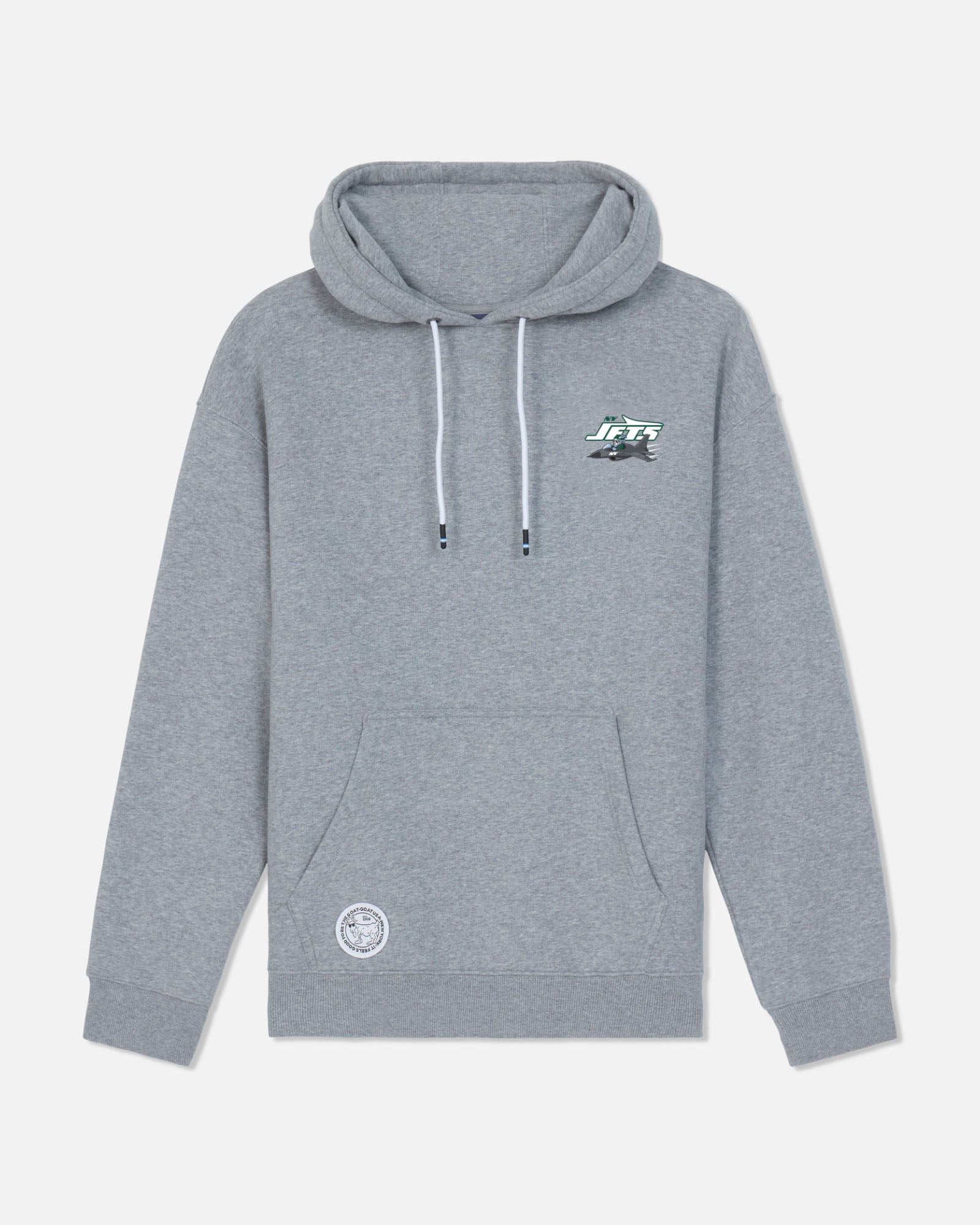 A heather gray pullover hoodie with white drawstrings, featuring a small green and white graphic on the left chest and a circular white logo patch near the lower left front pocket, displayed against a light gray background.