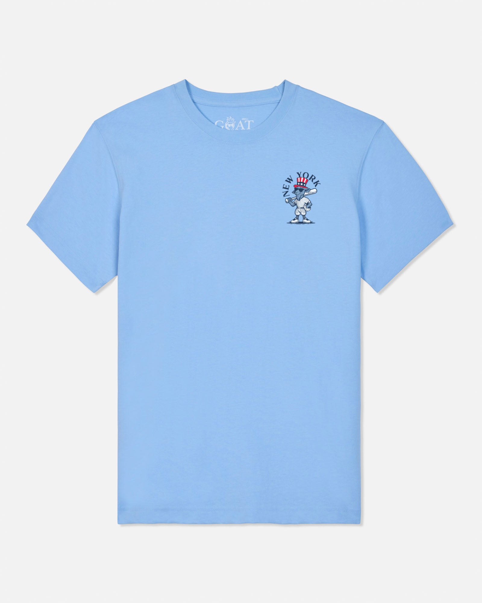 A light blue short-sleeve crewneck t-shirt with a small graphic on the left chest and 'GOAT' printed inside the collar, shown against a light gray background.#color_carolina-blue