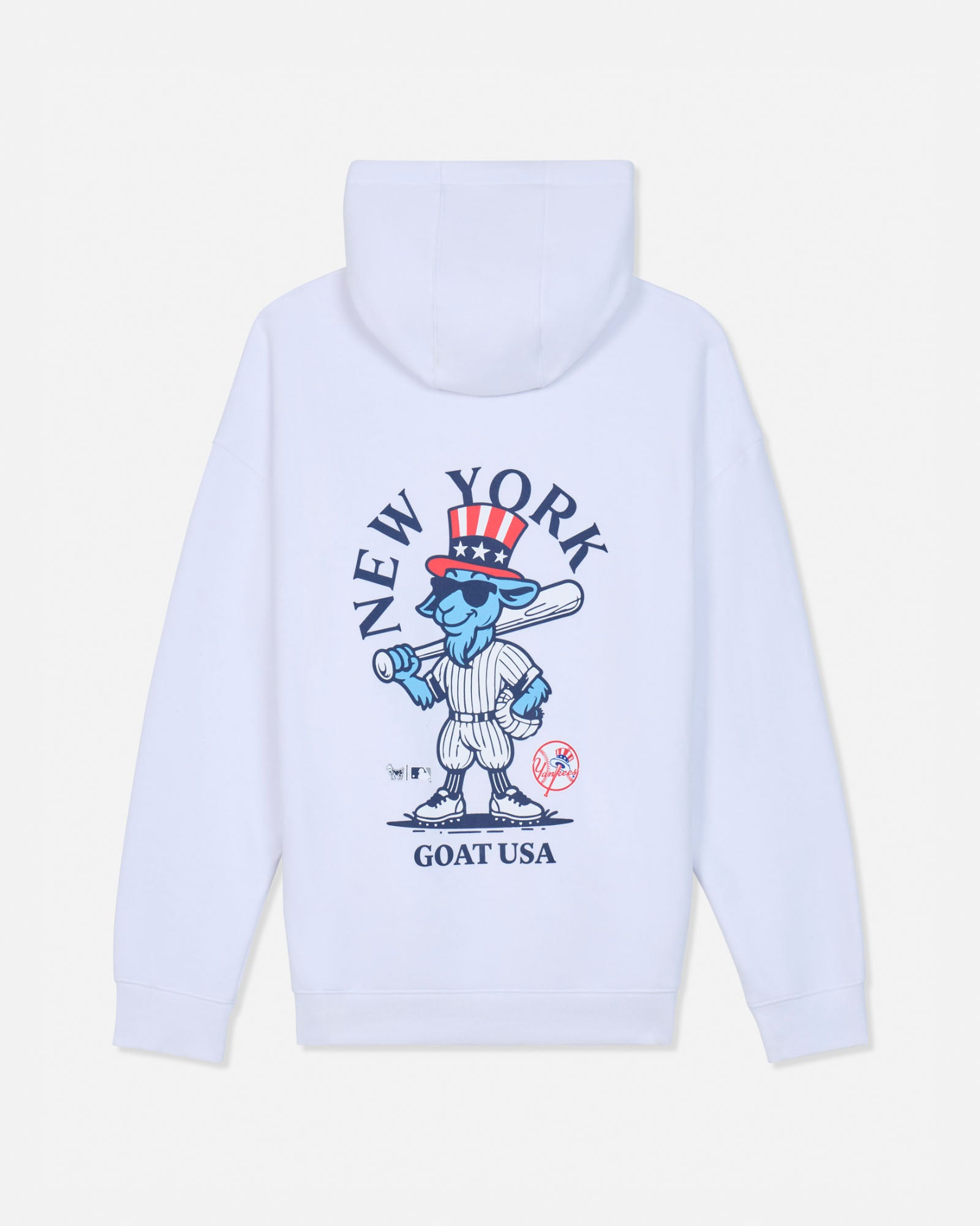 White pullover hoodie shown from the back, featuring a large graphic print of a cartoon blue goat in a baseball uniform with a red, white, and blue top hat, surrounded by the text 'NEW YORK GOAT USA'.#color_white