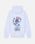 White pullover hoodie shown from the back, featuring a large graphic print of a cartoon blue goat in a baseball uniform with a red, white, and blue top hat, surrounded by the text 'NEW YORK GOAT USA'.#color_white