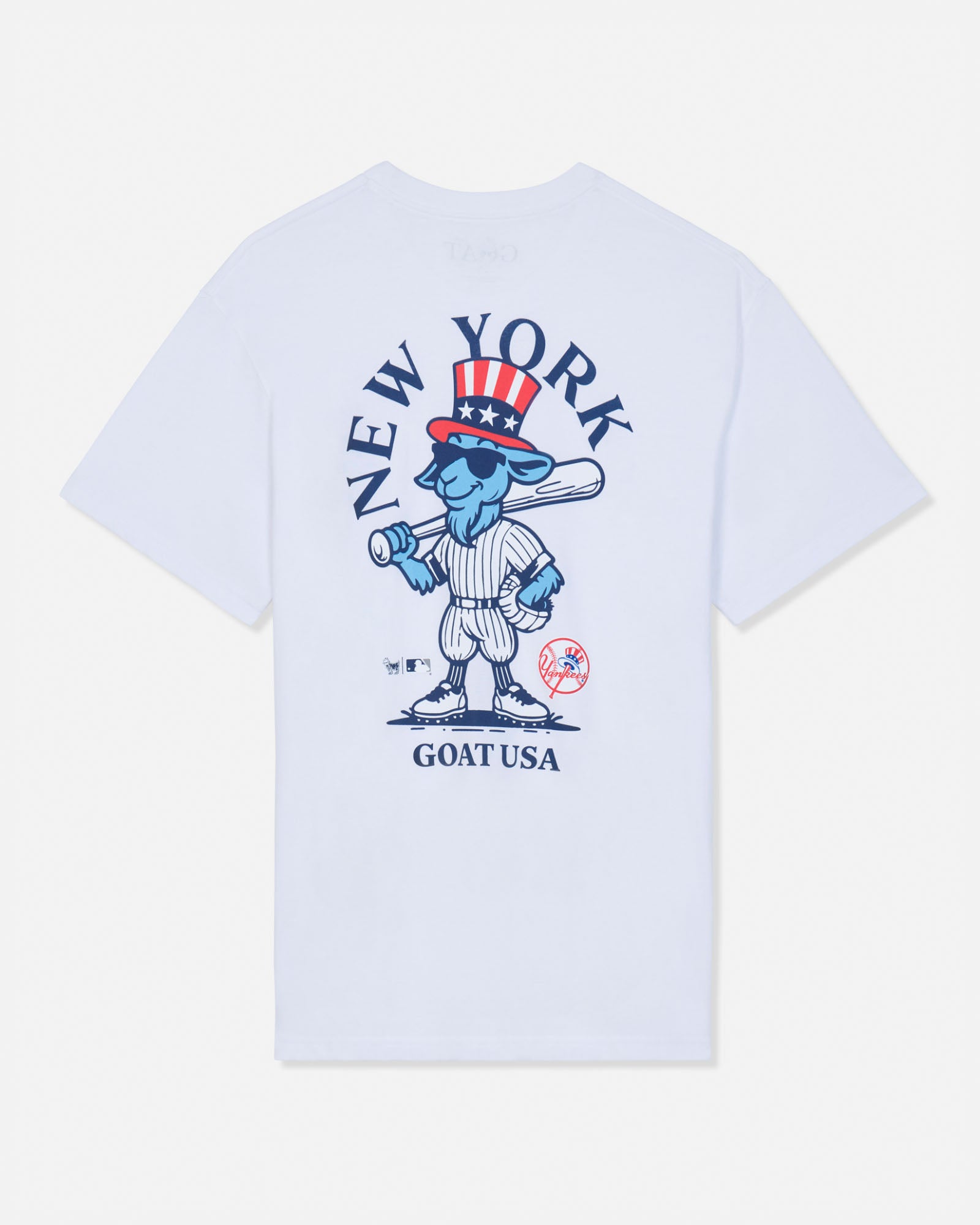 White short-sleeve t-shirt with a large graphic on the front featuring a blue cartoon goat in a baseball uniform, a red and white top hat, and the text 'NEW YORK' and 'GOAT USA'.#color_white