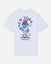 White short-sleeve t-shirt with a large graphic on the front featuring a blue cartoon goat in a baseball uniform, a red and white top hat, and the text 'NEW YORK' and 'GOAT USA'.#color_white