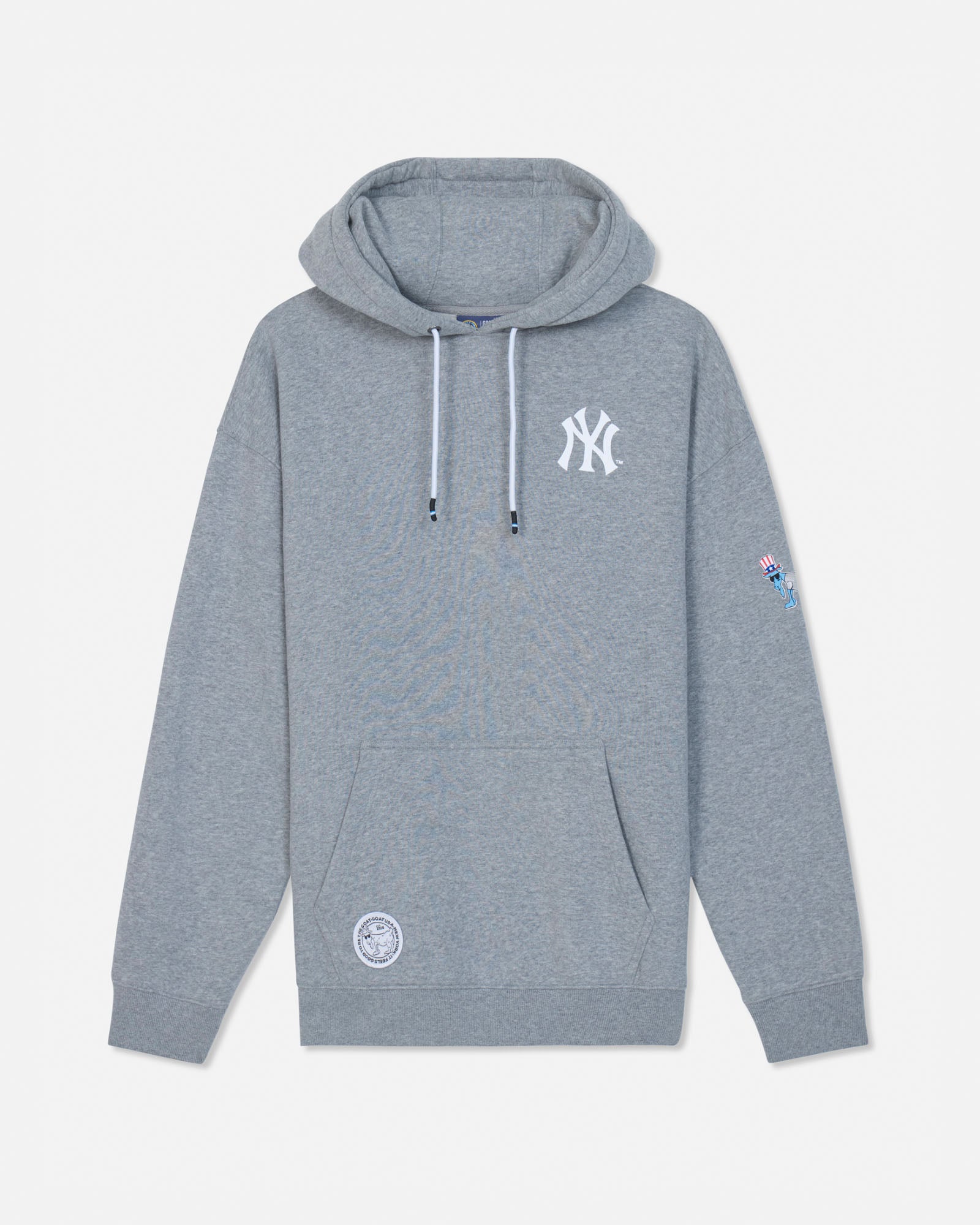A heather gray pullover hoodie featuring a white New York Yankees logo on the left chest, a white circular patch on the lower left front, and a small colorful patch on the right sleeve, displayed against a light gray background.