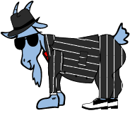 Cartoon cow in a suit and hat with sunglasses, standing on a white background