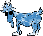 Blue cartoon goat with sunglasses and a crown on a white background