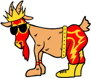 Cartoon goat with a crown, sunglasses, and red flames on a yellow background