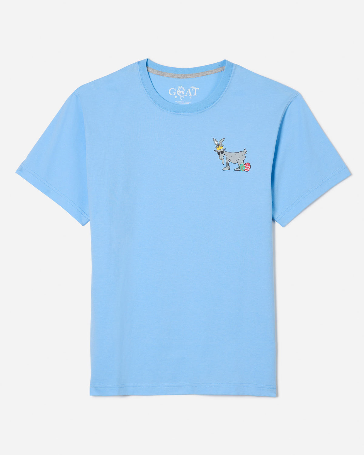 Front of blue t-shirt with Chuck the Easter Bunny left-chest logo
