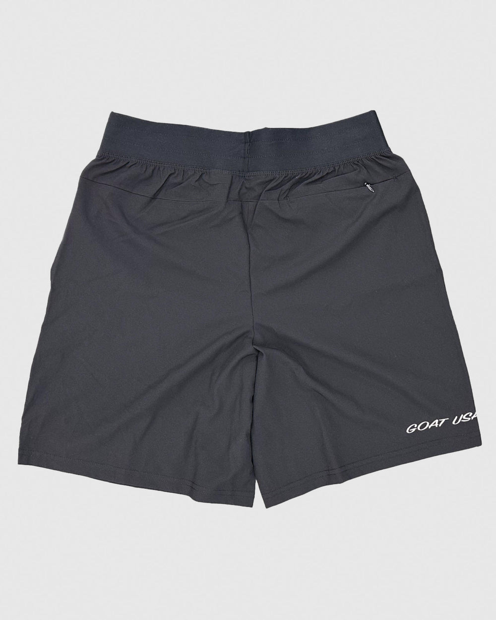 Backside of black athletic shorts