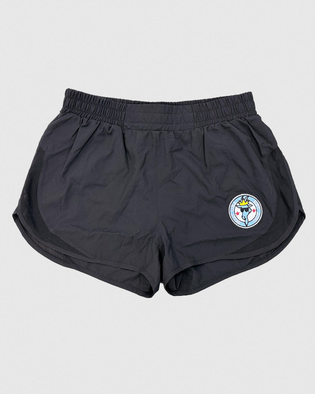 Black women's athletic shorts with goat patch