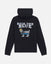 A black pullover hoodie shown from the back, featuring a graphic design with the text 'BACK THE BLUE' above a goat filled with a black-and-white American flag pattern and a blue stripe.