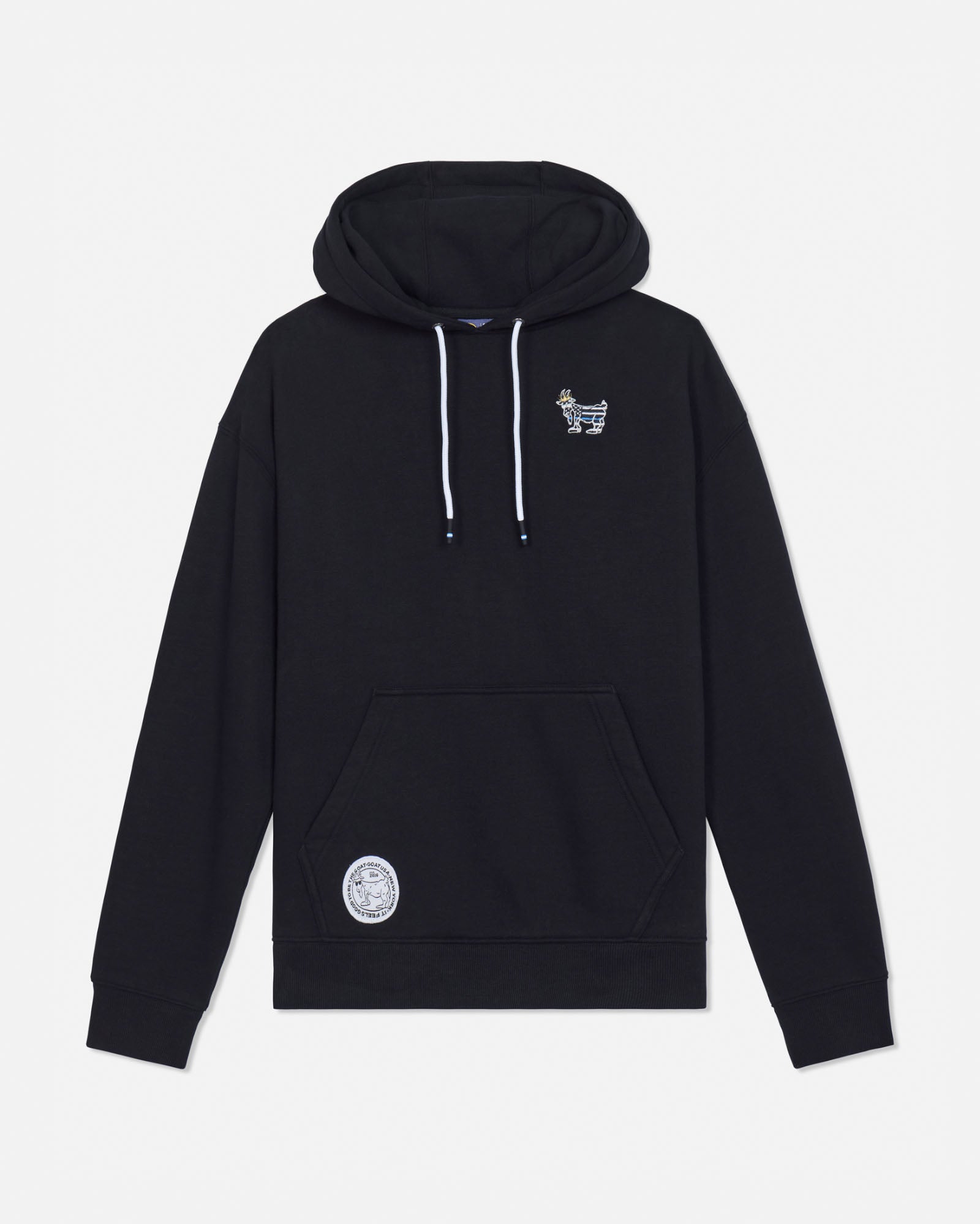 A black pullover hoodie with white drawstrings, featuring a small white graphic on the left chest and a circular white patch on the lower left front, displayed against a light gray background.