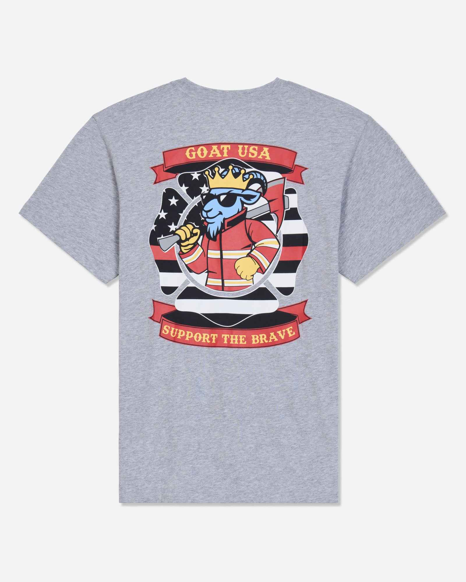 A heather gray short-sleeve t-shirt shown from the back, featuring a large graphic print of a cartoon goat wearing a crown and sunglasses, with red banners reading 'GOAT USA' and 'SUPPORT THE BRAVE'.