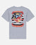 A heather gray short-sleeve t-shirt shown from the back, featuring a large graphic print of a cartoon goat wearing a crown and sunglasses, with red banners reading 'GOAT USA' and 'SUPPORT THE BRAVE'.
