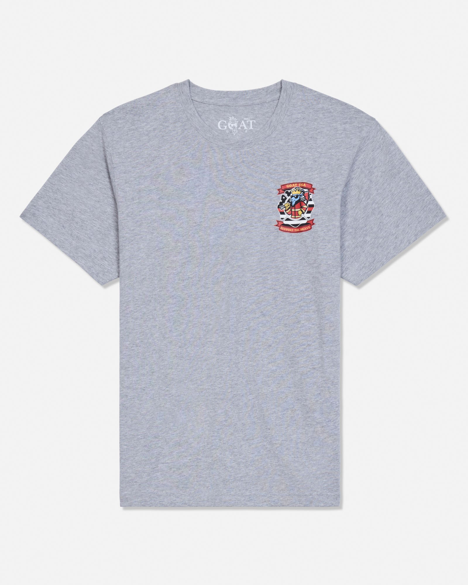 A heather gray short-sleeve t-shirt with a small colorful graphic on the left chest and the brand name 'GOAT USA' printed inside the collar, shown against a plain white background.