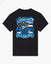 A black short-sleeve t-shirt shown from the back, featuring a large graphic print of a cartoon goat in a police uniform with the text 'GOAT USA BACK THE BLUE' on a light gray background.