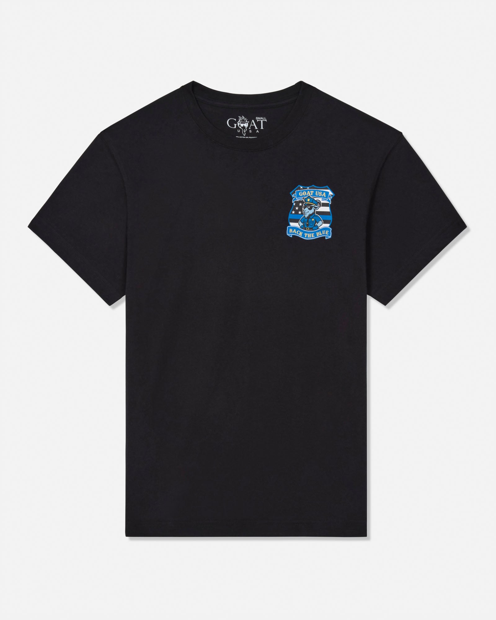 A black short-sleeve t-shirt with a small blue and white graphic on the left chest, displayed flat against a light gray background. The inner neck label shows the brand 'GOAT'.