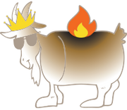A cartoon goat illustration with a gold crown, dark sunglasses, and a flame graphic on its back, shown on a plain white background.