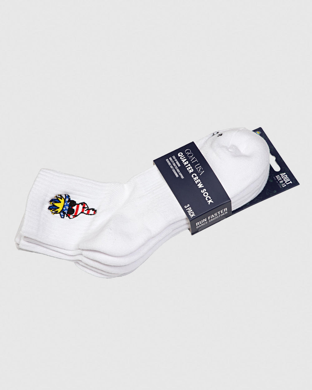 White ankle socks with American flag goat in packaging