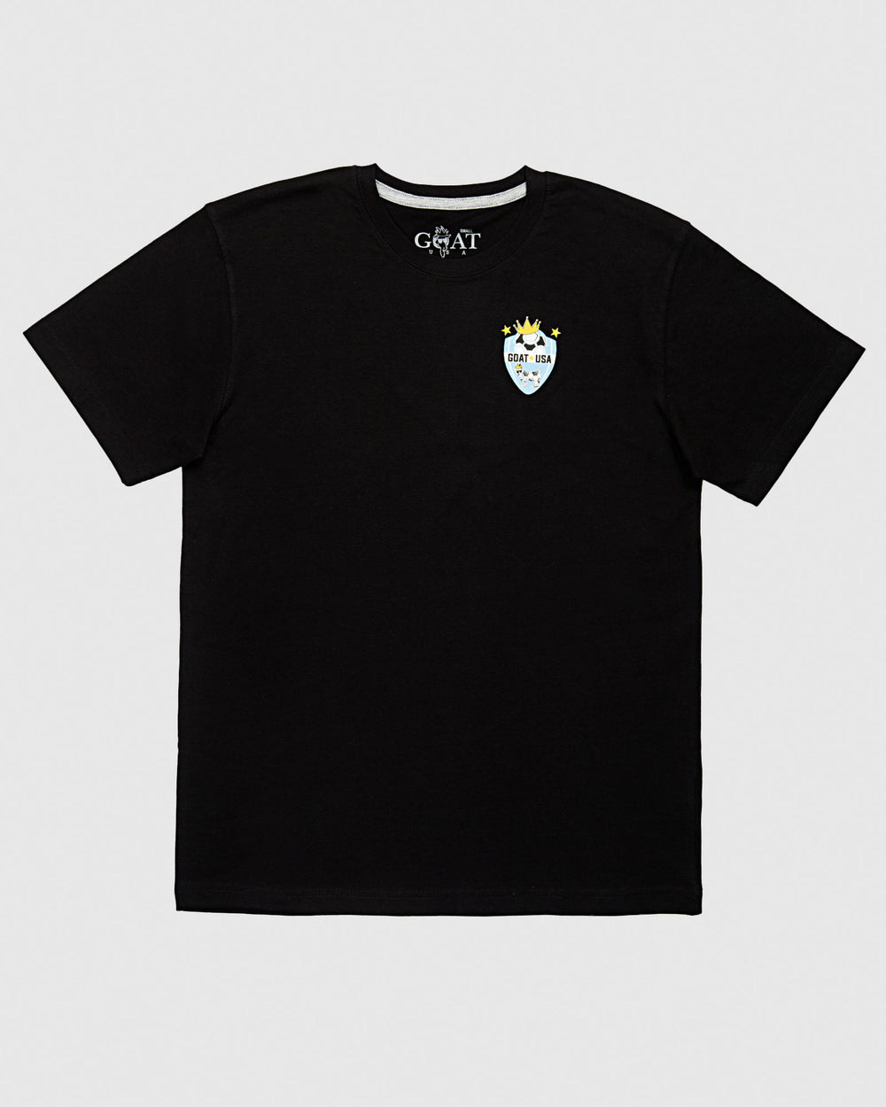 Front of black t-shirt with GOAT USA soccer design