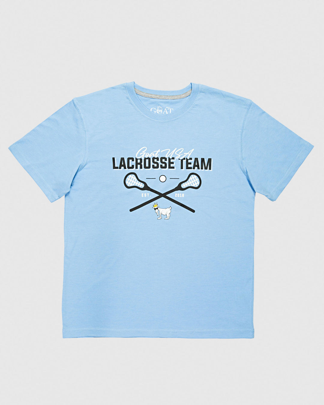 Carolina blue shirt that reads "GOAT USA LACROSSE TEAM" with lacrosse graphic