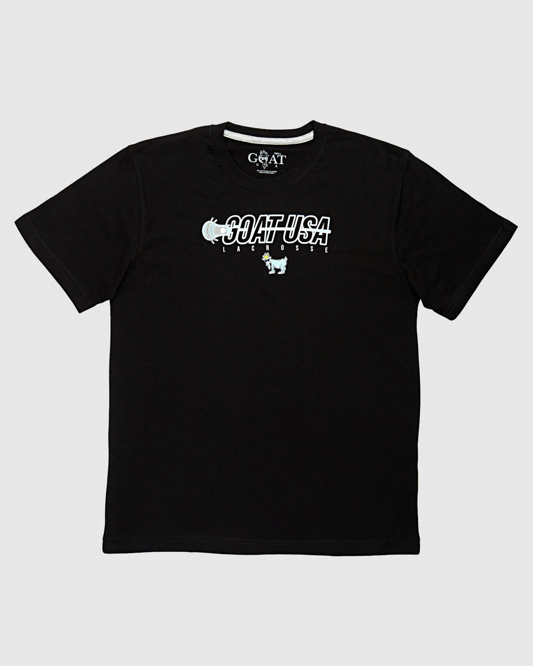 Black shirt with lacrosse stick that goes through the wording "GOAT USA"#color_black