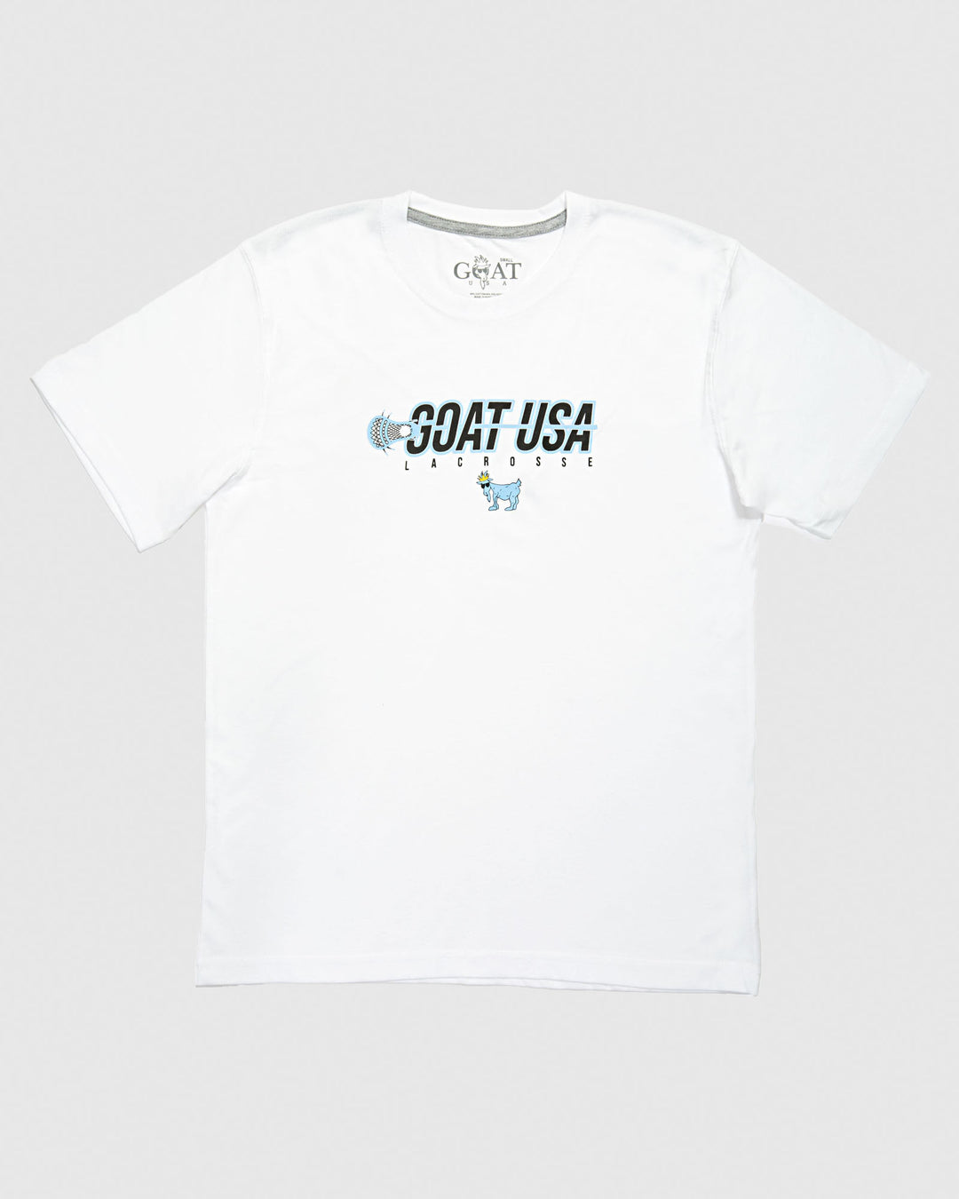 White shirt with lacrosse stick that goes through the wording "GOAT USA"#color_white