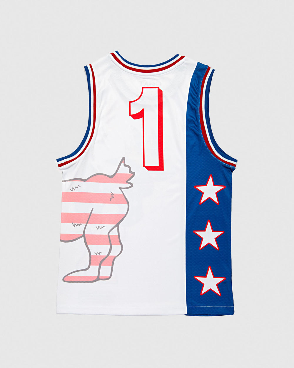 Back of red, white and blue jersey with large American flag goat that wraps around