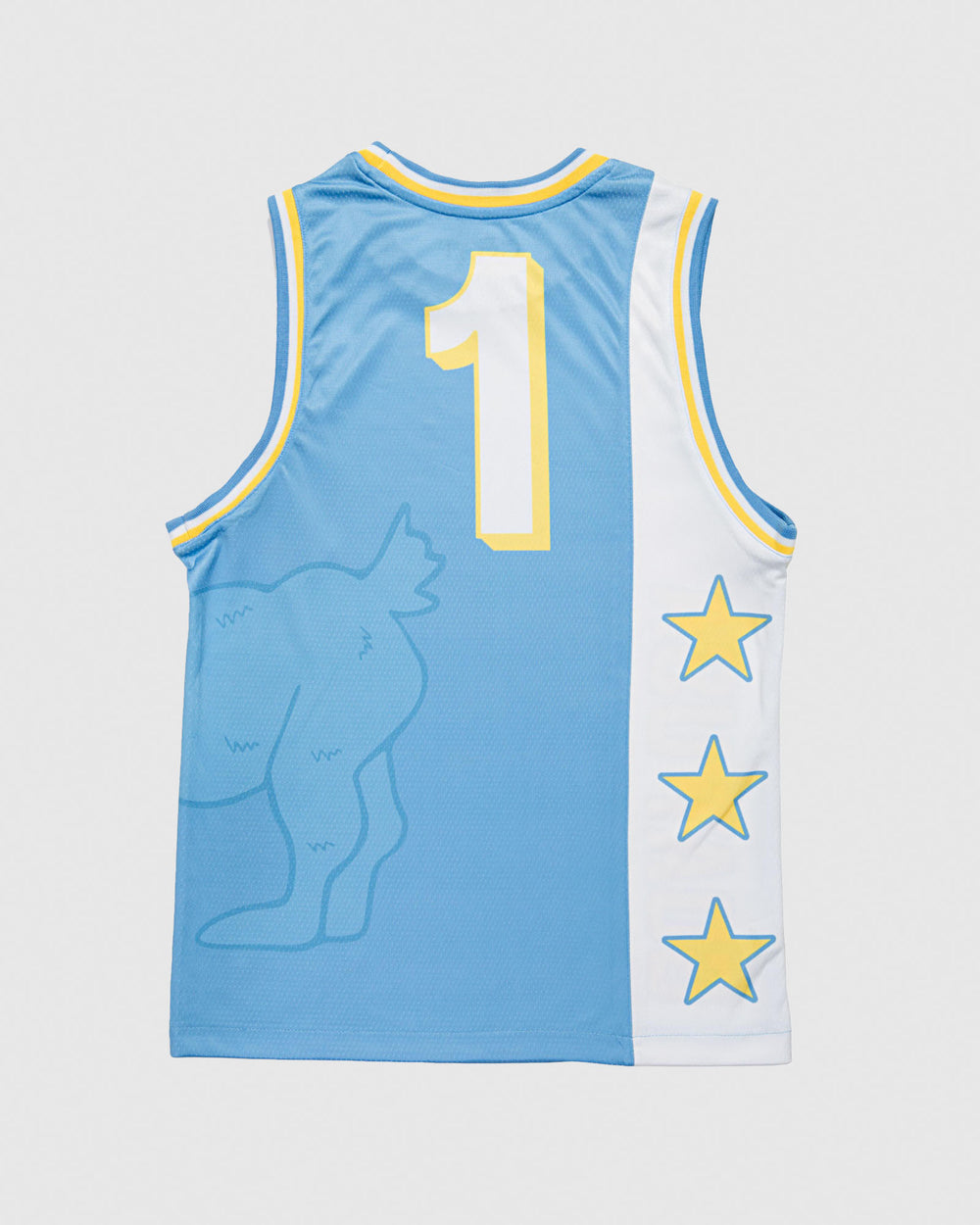 Back of carolina blue, white and gold jersey with goat design that wraps around
