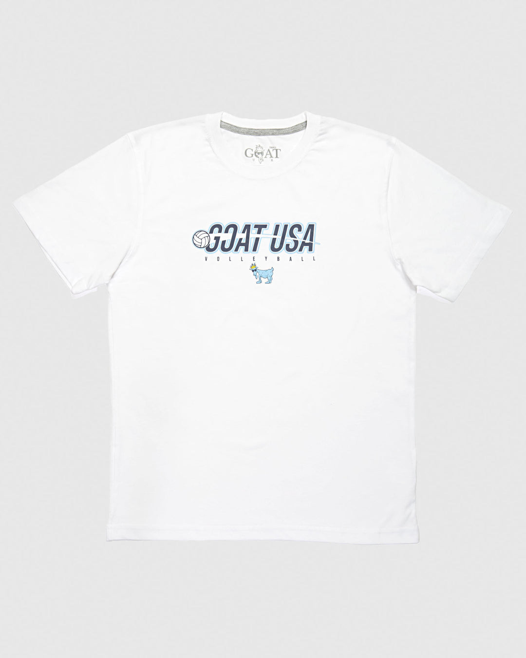 White shirt with volleyball that goes through the wording "GOAT USA"