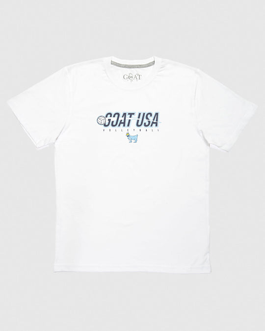 White shirt with volleyball that goes through the wording "GOAT USA"