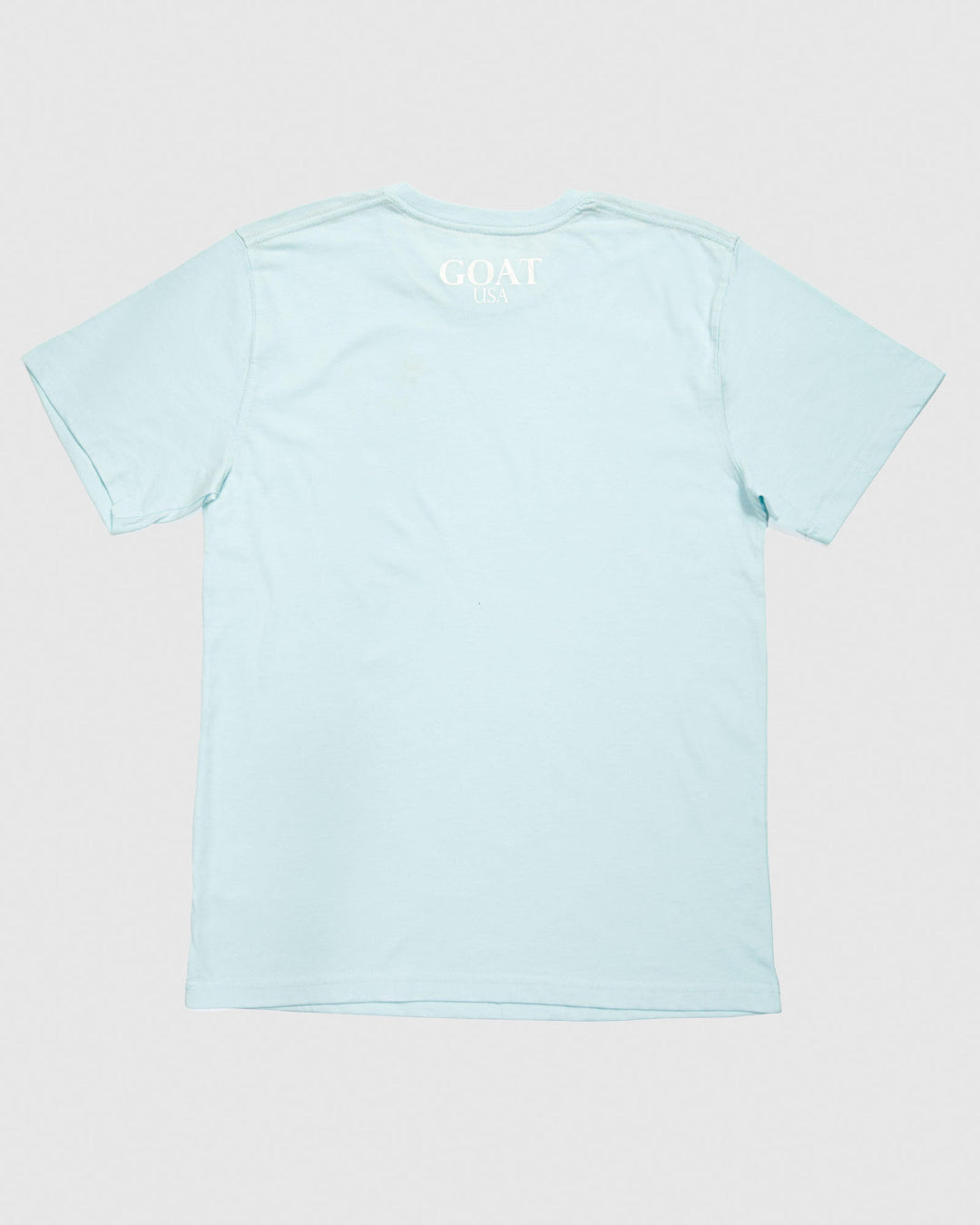 Back of ice blue-colored t-shirt with "GOAT USA" towards neck line#color_ice-blue