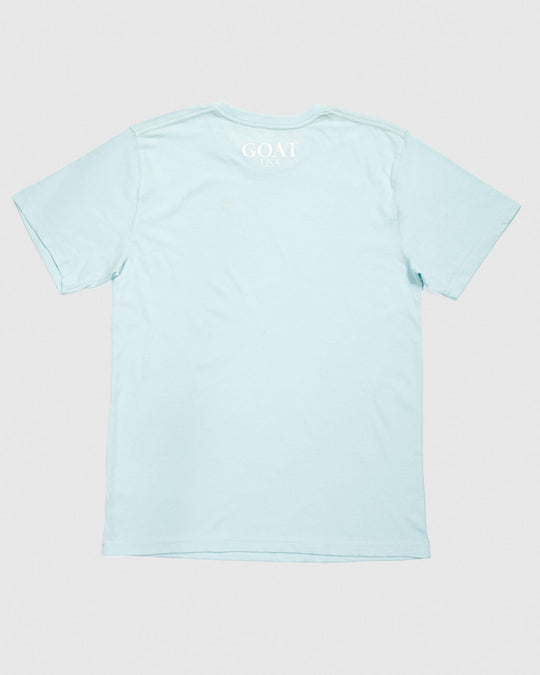 Back of ice blue-colored t-shirt with "GOAT USA" towards neck line#color_ice-blue