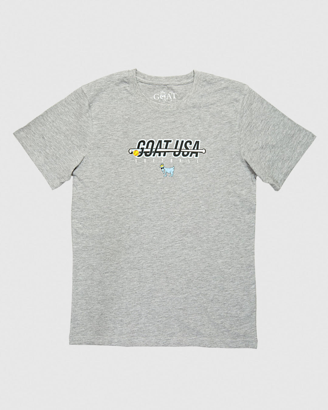 Gray shirt with softball bat that goes through the wording "GOAT USA"