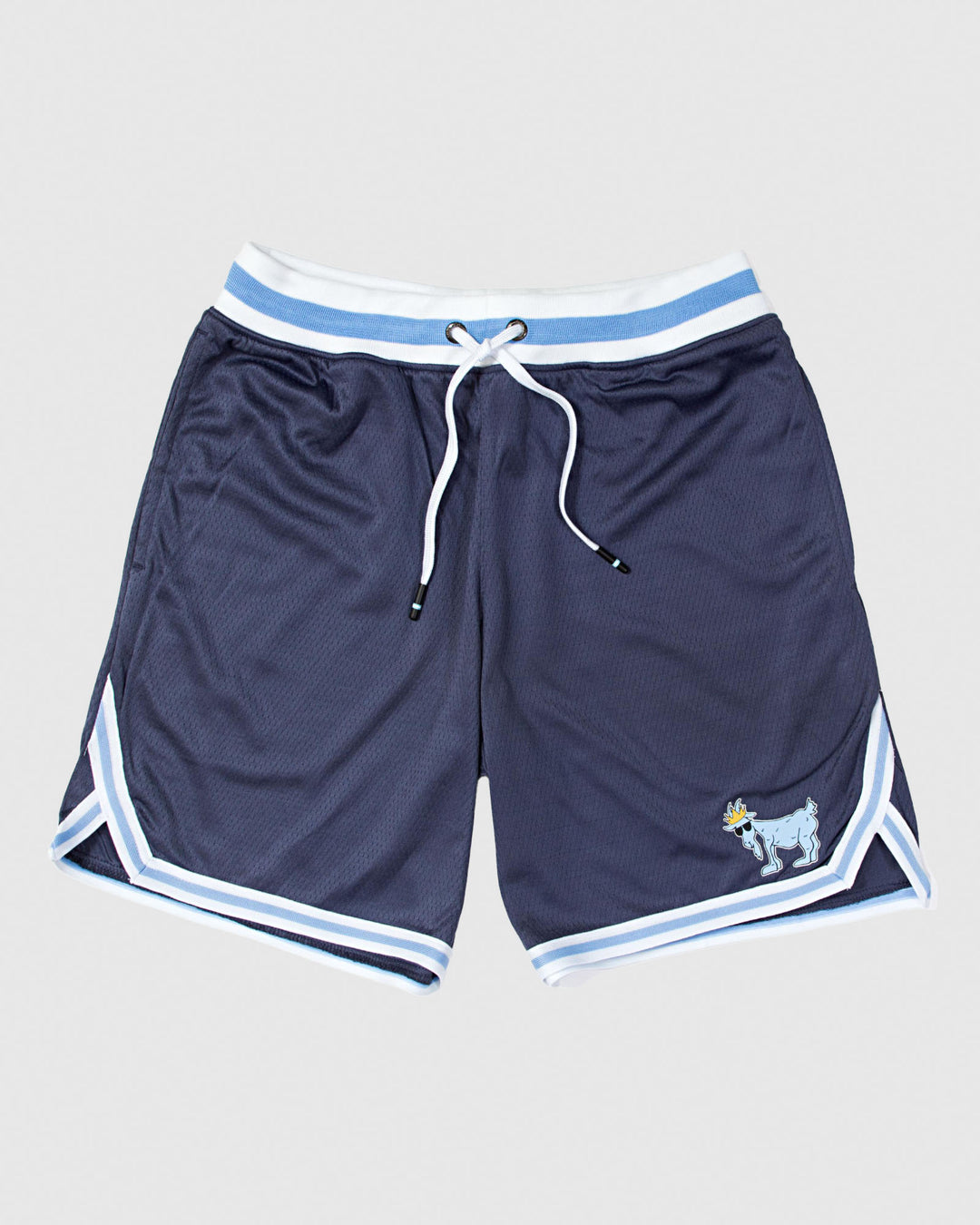 Navy mesh shorts with blue and white waistband#color_navy