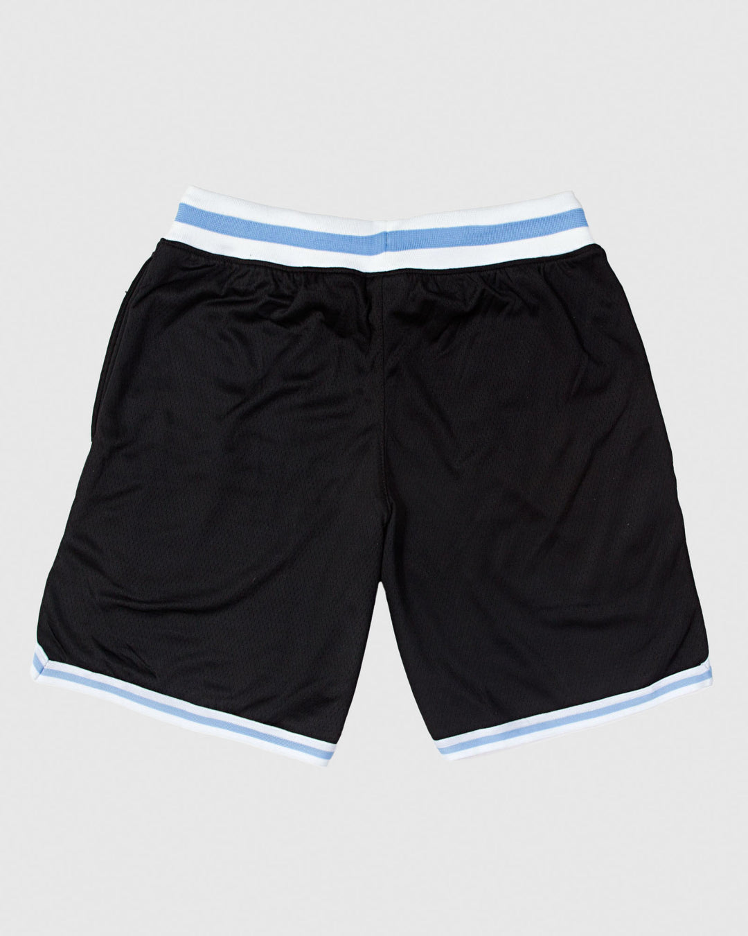 Back of black mesh shorts with blue and white waistband#color_black