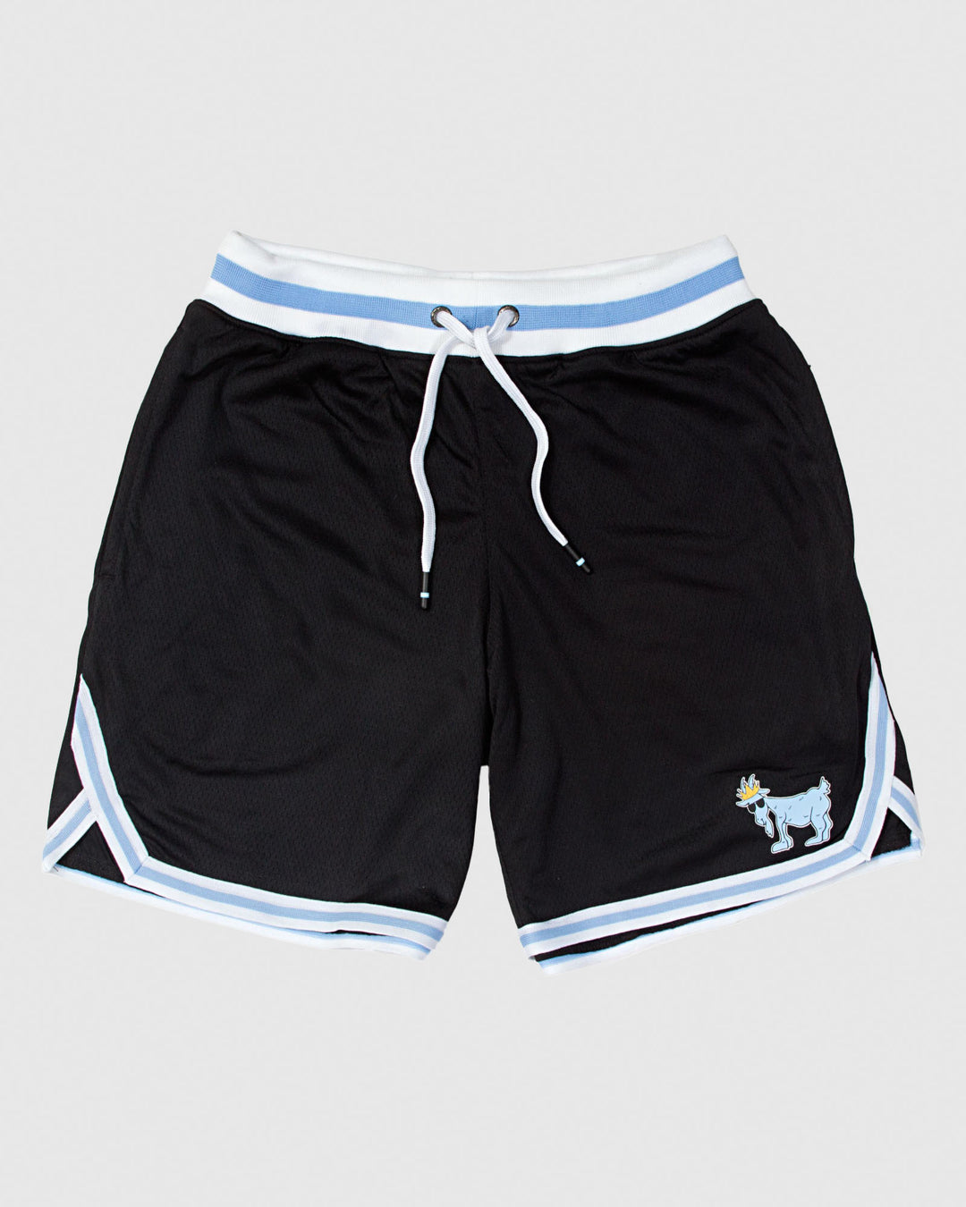 Black mesh shorts with blue and white waistband#color_black