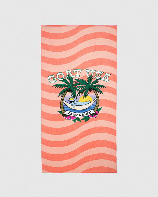 Peach cream beach towel with palm trees and goat in hammock
