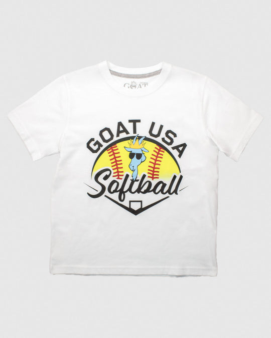 White t-shirt with design that reads "GOAT USA Softball"#color_white