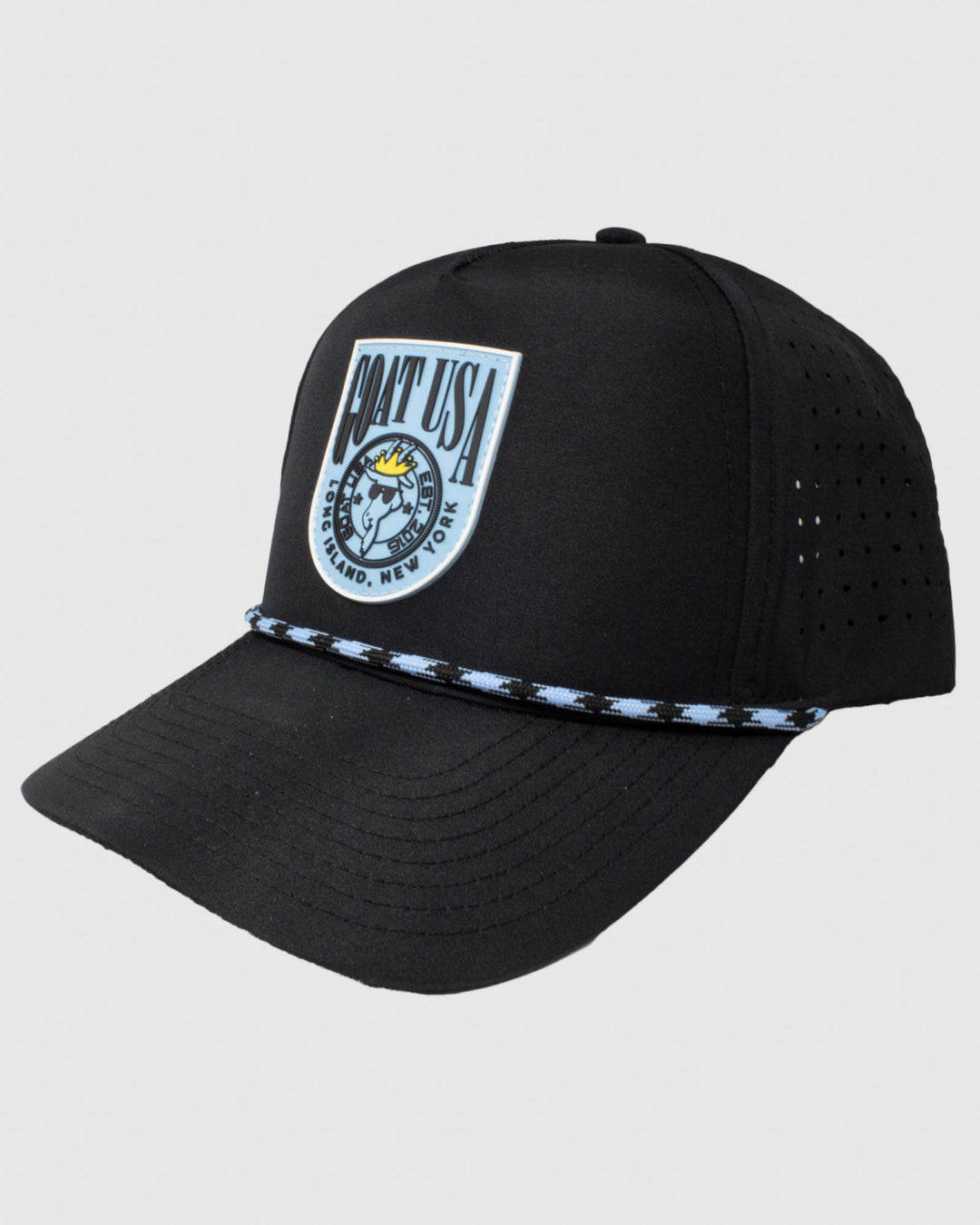 Black perforated hat with black and blue rope and rubber patch#color_black