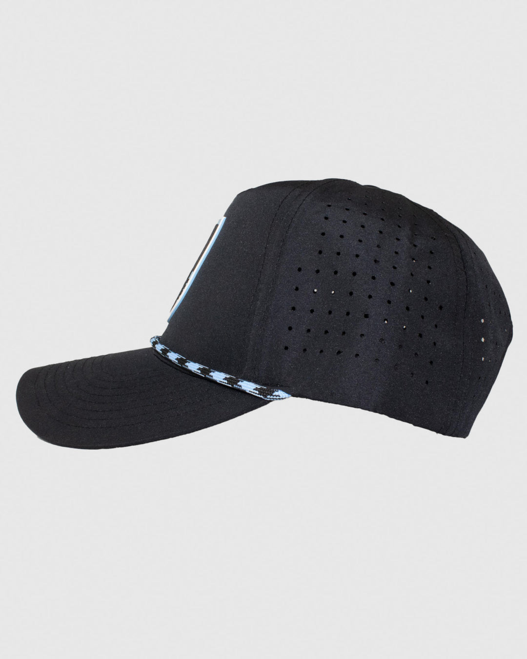 Side view of black perforated hat with black and blue rope and rubber patch#color_black