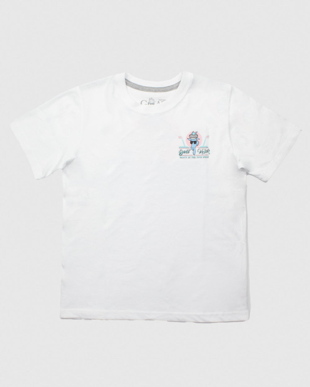 Front of white t-shirt with pink and blue golf design that reads "Party at the 19th Hole"